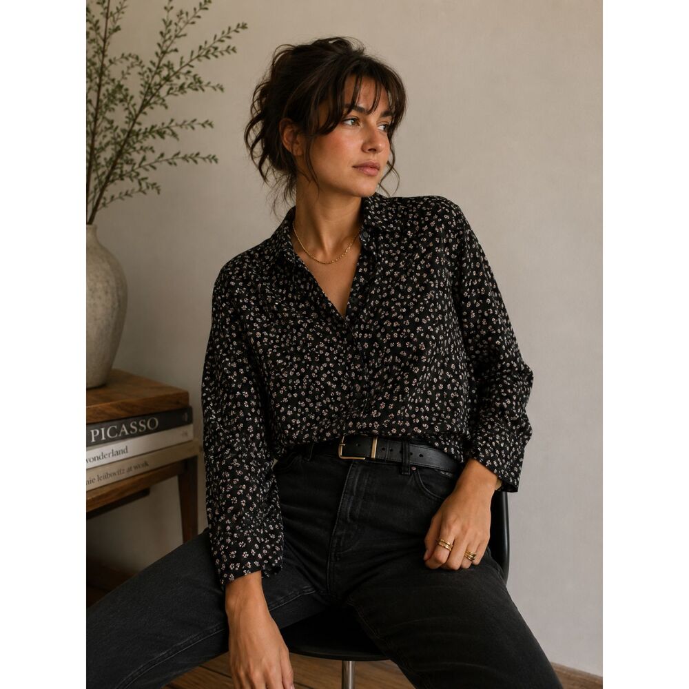 EQUIPMENT Femme Black Floral Button Up Shirt Top Women's Size Small